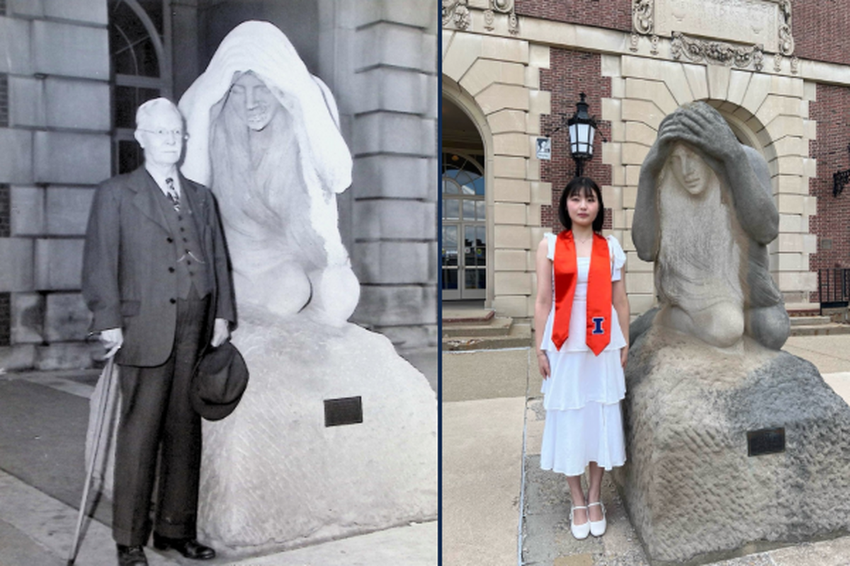 Shinbi recreates her favorite photo of David Kinley with the statues outside the Main Library.