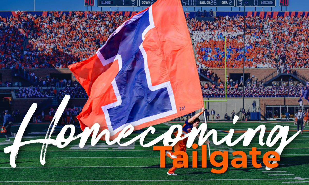 A decorative image of a student running on the football field at Gies Memorial Stadium with an orange Block I flag.