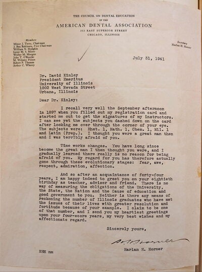 Letter to David Kinley, transcribed in text below.